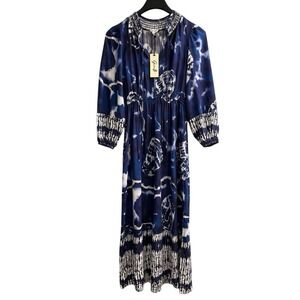 Garrie B Dress Blue Tie Dye Babydoll Smocked Maxi Size S Boho Coastal Beach